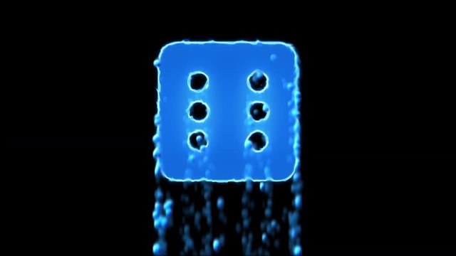 Liquid symbol dice six appears with water droplets. Then dissolves with drops of water. Alpha channel black - Powered by Adobe