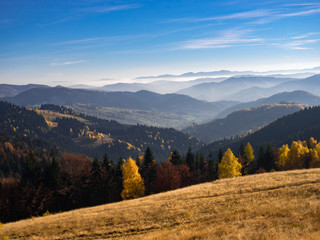 Beskids Mountains in Autumn from Jaworzyna Range nearby Piwniczna-Zdroj town, Poland. View to the southeast.