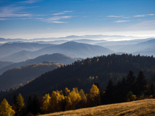 Beskids Mountains in Autumn from Jaworzyna Range nearby Piwniczna-Zdroj town, Poland. View to the south