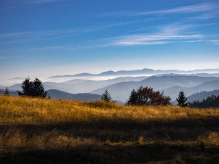 Obraz na płótnie Canvas Beskids Mountains in Autumn from Jaworzyna Range nearby Piwniczna-Zdroj town, Poland. View to the southeast.
