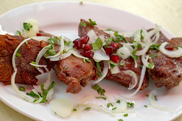 Grilled meat, trash skewers. Food concept photo.