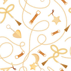 Golden Chains, Straps and Charms with Diamonds Seamless Pattern. Fashion Fabric Background with Gold, Gemstones and Jewelry Elements for Wallpapers, Print. Vector illustration