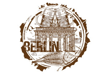 Brandenburg gate and Beer Festival concept. Berlin, Germany. Hand drawn illustration. © CSKN