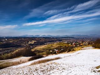 View of Barcice Village from Wola Krogulecka.  Beskids Mountains in Winter.