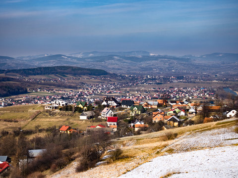 Wola Krogulecka Village.  Beskids Mountains in Winter.