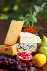 Camembert, brie, hard cheese and grapes on a wooden stand. Pieces of different cheeses, pear and lemon on blurred background. Dorblu, soft cheese and pomegranate on boards. Cheese and fruit