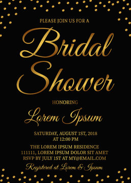 Bridal Shower Invitation Card. Gold Confetti Bachelorette Party Ideas. Golden Glittering Polka Dots Bridal Party Invite. Wedding Stationery. Vector Illustration.