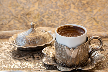 Traditional Turkish hot drink; Delicious Turkish coffee