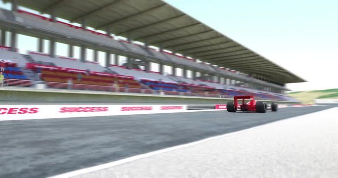 Red Formula one racing car crossing finish line with numbers. High quality 3d animation