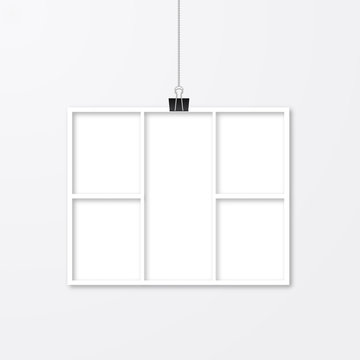 Realistic vector frame hanging with binder clips. White paper frame. Collage layout template. Mock up for photographers.