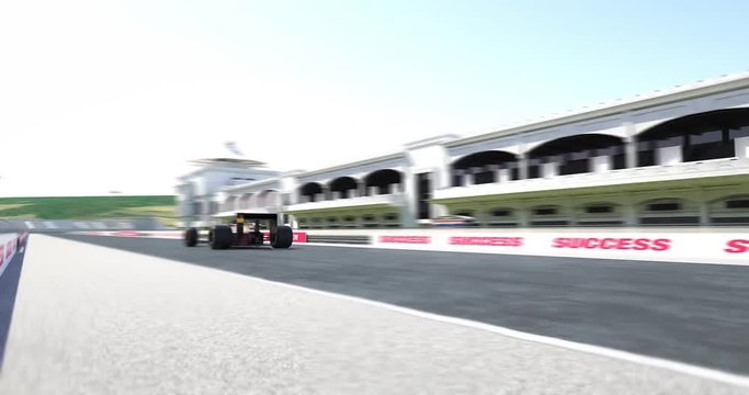 Formula one racing car crossing finish line with numbers. High quality 3d animation