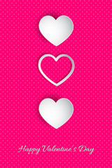 Happy Valentine's Day lettering Vector illustration! Beautiful Heart! Abstract paper art 3D Hearts on pink background with dots.