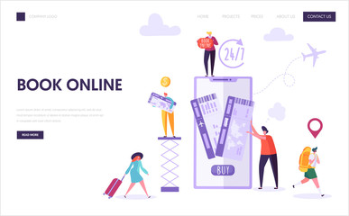 Book Vacation Flight Ticket Landing Page. Holiday Journey Online Reservation Technology. Woman Character Buy Digital Airplane Trip on Smartphone Website Concept or Web Page. Flat Vector Illustration