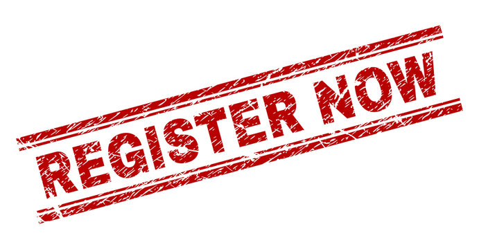 REGISTER NOW seal imprint with corroded texture. Red vector rubber print of REGISTER NOW title with corroded texture. Text title is placed between double parallel lines.