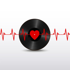 Realistic Black Vinyl Record with red heart label, and cardiogram isolated on white background
