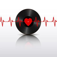 Realistic Black Vinyl Record with red heart label, cardiogram and mirror reflection