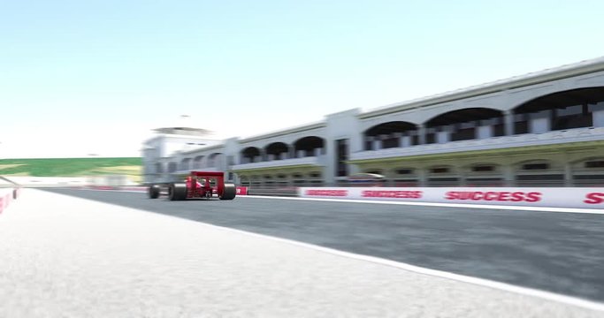 Red Formula one racing car crossing finish line with numbers. High quality 3d animation