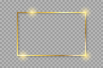 Golden luxury shiny glowing vintage frame with shadows. Isolated on transparent background gold border decoration – stock vector