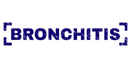 BRONCHITIS text seal print with corroded texture. Text label is placed between corners. Blue vector rubber print of BRONCHITIS with unclean texture.