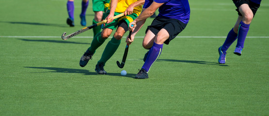 Fototapeta na wymiar Close up of two field hockey players, challenging eachother for the control and posession of the ball during an intense, competitive match on professional level