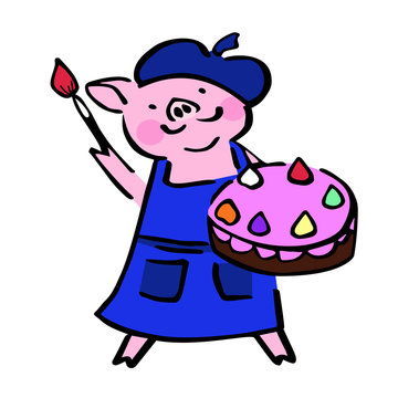 cute costumed vector painter pig with brush and cake