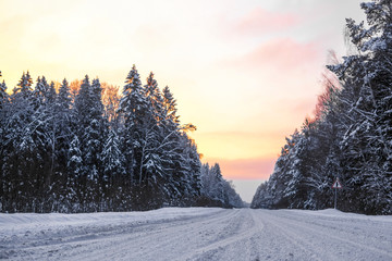 winter road at the sunset