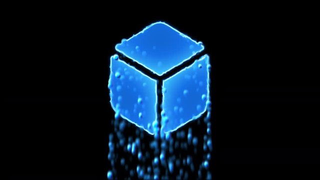 Liquid symbol dice d6 appears with water droplets. Then dissolves with drops of water. Alpha channel black