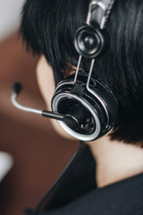 Woman wearing microphone headset