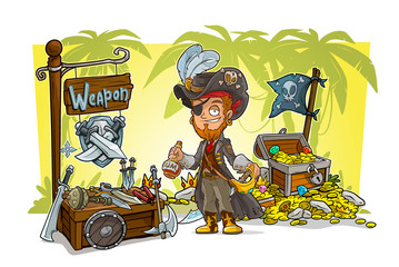 Cartoon pirate character and weapon shop