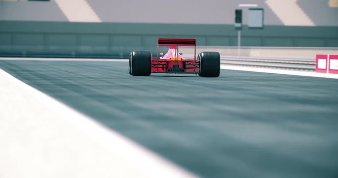 Formula one racing car crossing finish line and winning the race. High quality 3d animation