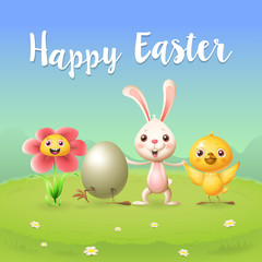 Obraz na płótnie Canvas Happy friends celebrate Easter on landscape background - greeting card