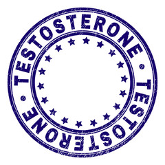 TESTOSTERONE stamp seal watermark with grunge texture. Designed with circles and stars. Blue vector rubber print of TESTOSTERONE caption with dirty texture.