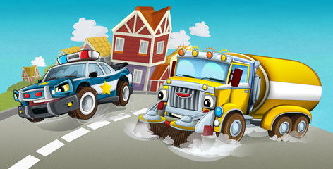 cartoon summer scene with cleaning cistern car driving through the city and police chase driving near - illustration for children