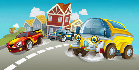 cartoon summer scene with cleaning cistern car driving through the city and police chase with sports car driving near - illustration for children