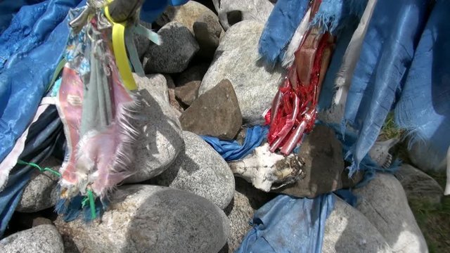 Shaman obo and animal remains as sacrifices on stones in Mongolia.