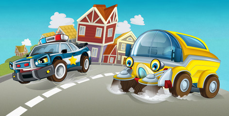 cartoon summer scene with cleaning cistern car driving through the city and police chase driving near - illustration for children