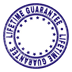 LIFETIME GUARANTEE stamp seal watermark with grunge texture. Designed with circles and stars. Blue vector rubber print of LIFETIME GUARANTEE label with grunge texture.