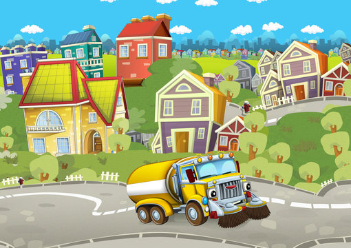 cartoon summer scene with cleaning cistern car driving through the city - illustration for children © honeyflavour