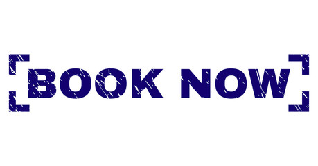 BOOK NOW text seal print with corroded texture. Text label is placed between corners. Blue vector rubber print of BOOK NOW with scratched texture.