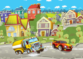 cartoon summer scene with cleaning cistern car driving through the city and sports car driving near - illustration for children