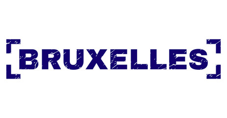 BRUXELLES label seal print with corroded texture. Text label is placed between corners. Blue vector rubber print of BRUXELLES with corroded texture.