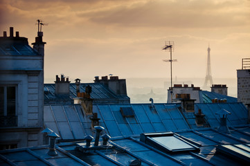 Rooftops and Eiffel Tower in Paris, France