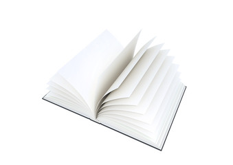 Open blank book on white background.