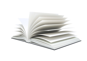 Open blank book on white background.