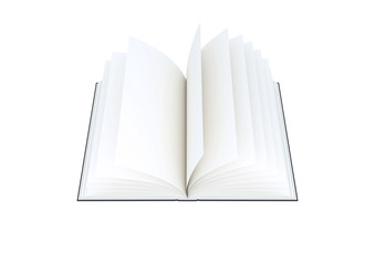 Open blank book on white background.
