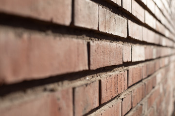 Red brick wall with side light at sunset, textured background and space for masonry text.