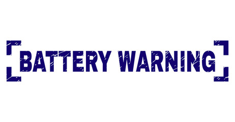 BATTERY WARNING text seal watermark with grunge texture. Text tag is placed inside corners. Blue vector rubber print of BATTERY WARNING with grunge texture.
