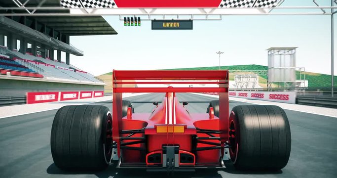 Formula one racing car crossing finish line and braking then winning the race - Close Up Shot. High quality 3d animation