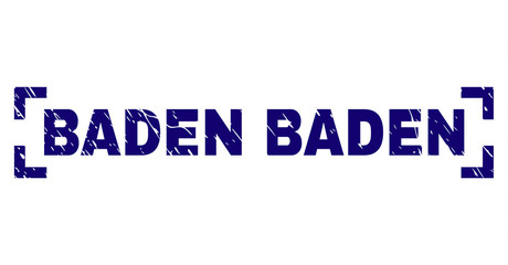 BADEN BADEN label seal imprint with corroded style. Text label is placed between corners. Blue vector rubber print of BADEN BADEN with corroded texture.