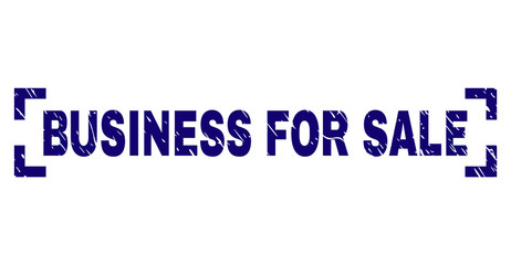 BUSINESS FOR SALE title seal print with corroded texture. Text caption is placed between corners. Blue vector rubber print of BUSINESS FOR SALE with corroded texture.
